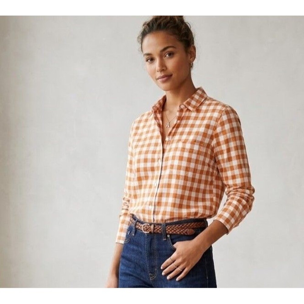 J.CREW 6 Orange White Gingham Collared Button-Up Long Sleeve Shirt 100% Cotton